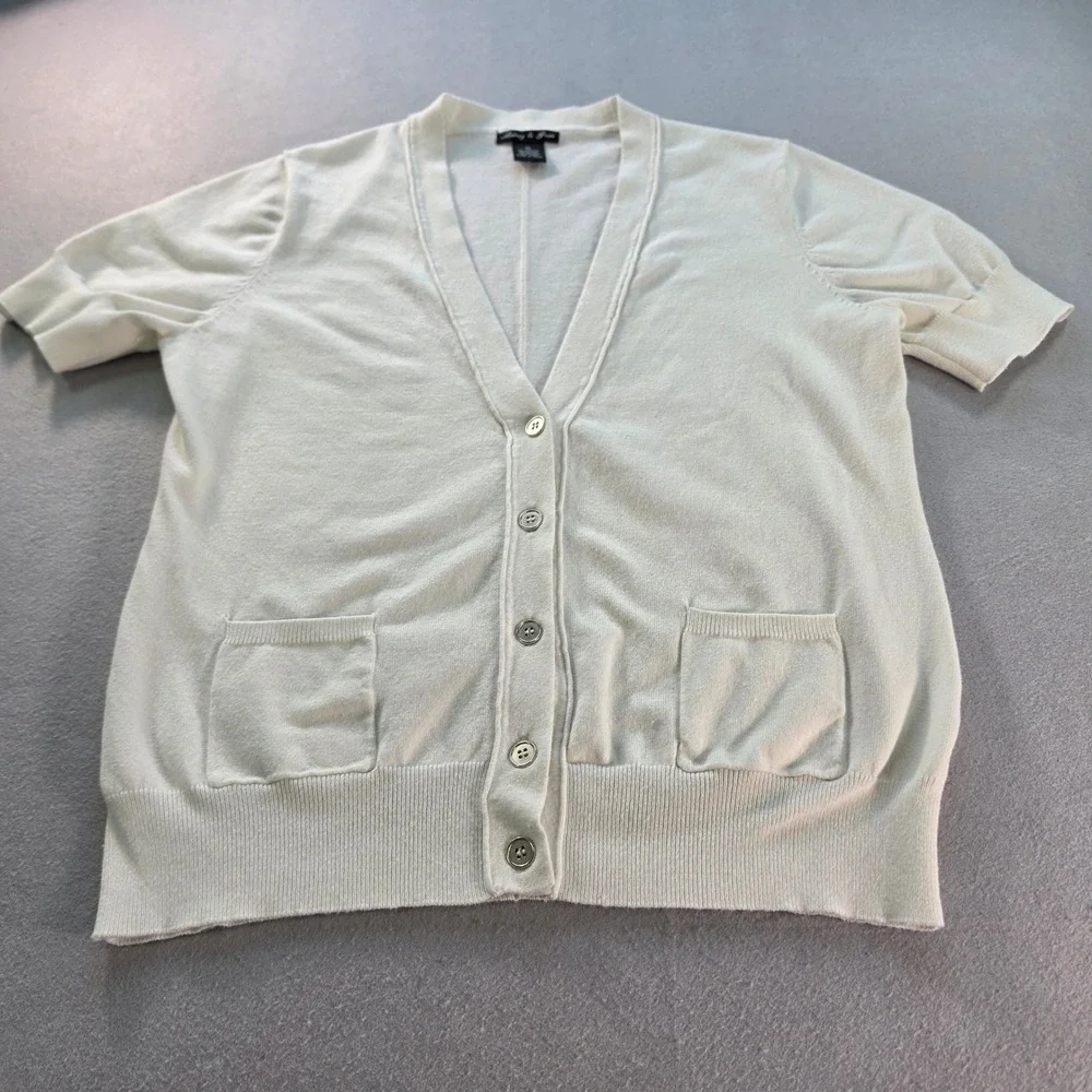 Audrey & Grace Womens XL Short Sleeve Cardigan Sweater White Casual Button Front